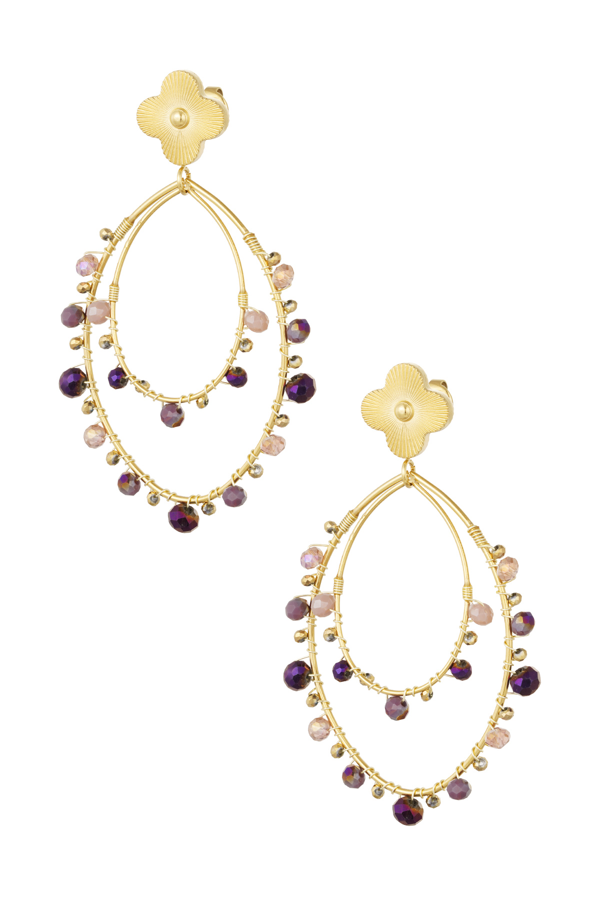 Oval earrings with beads - gold/purple