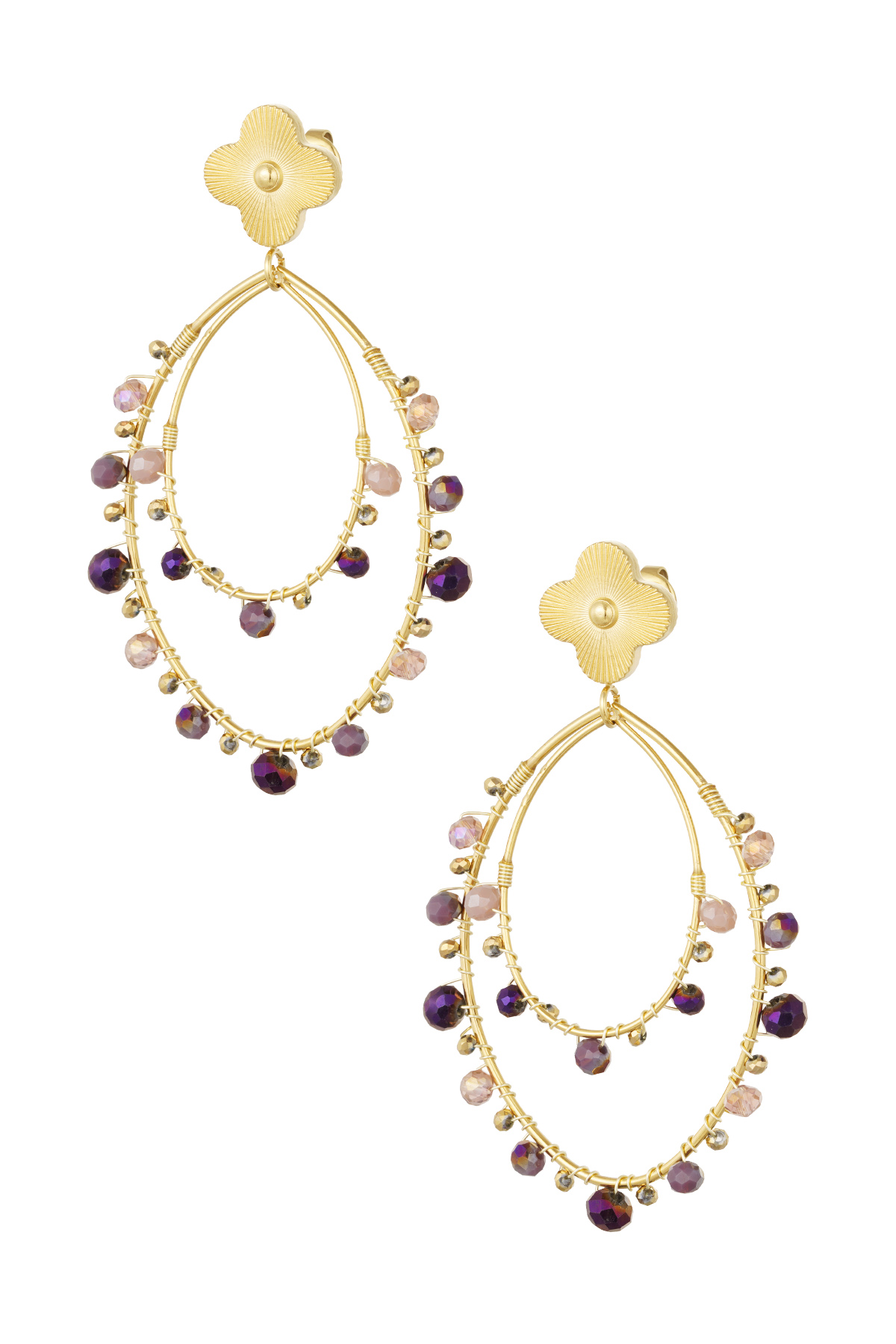 Oval earrings with beads - Gold color/purple