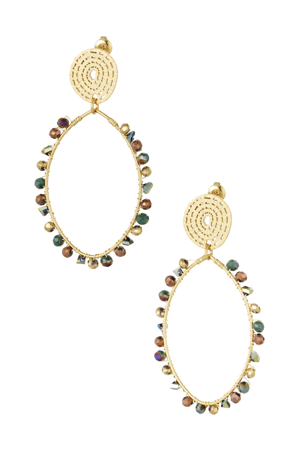 Oval earrings with beads - gold/green h5 