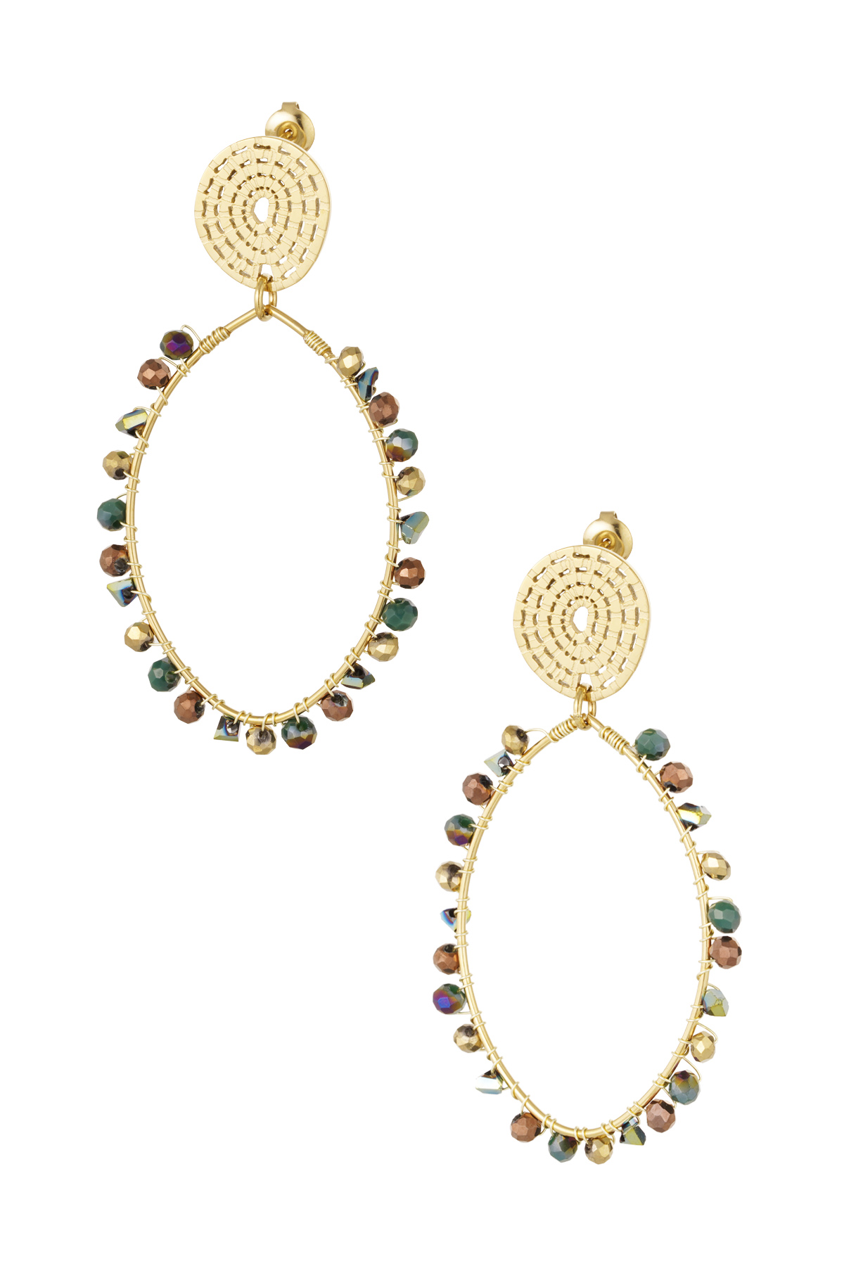 Oval earrings with beads - Gold color/green