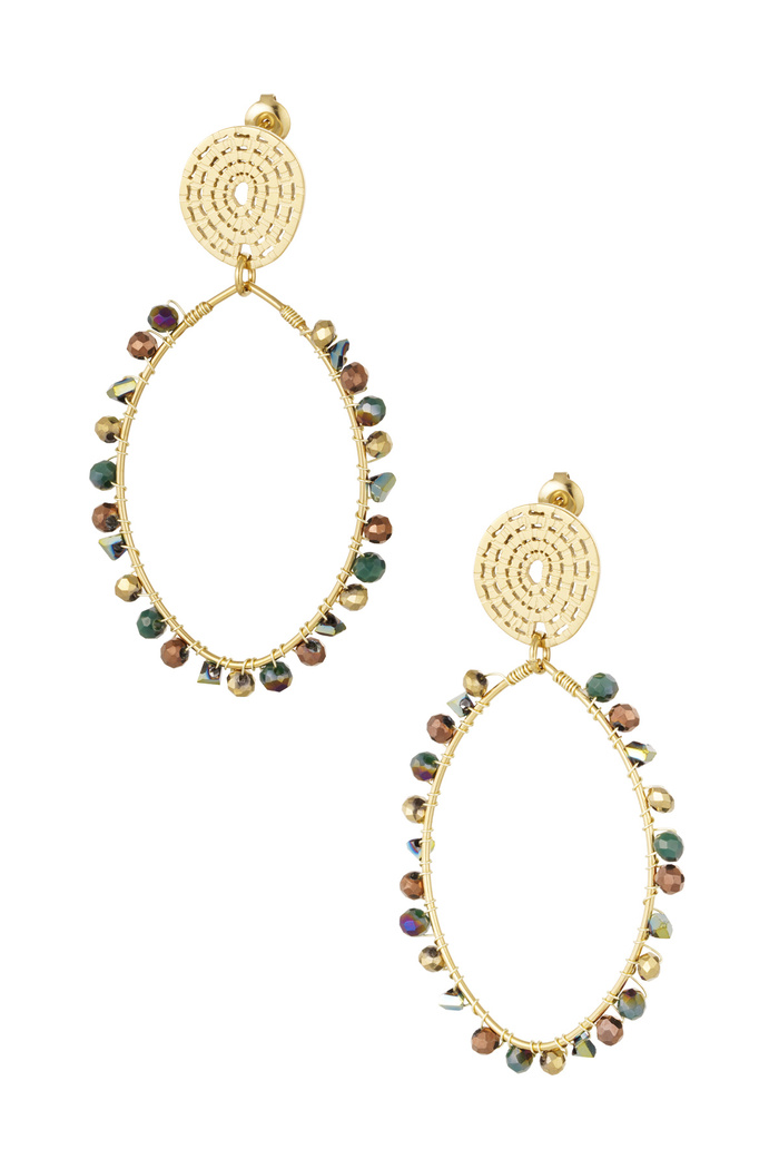 Oval earrings with beads - gold/green 