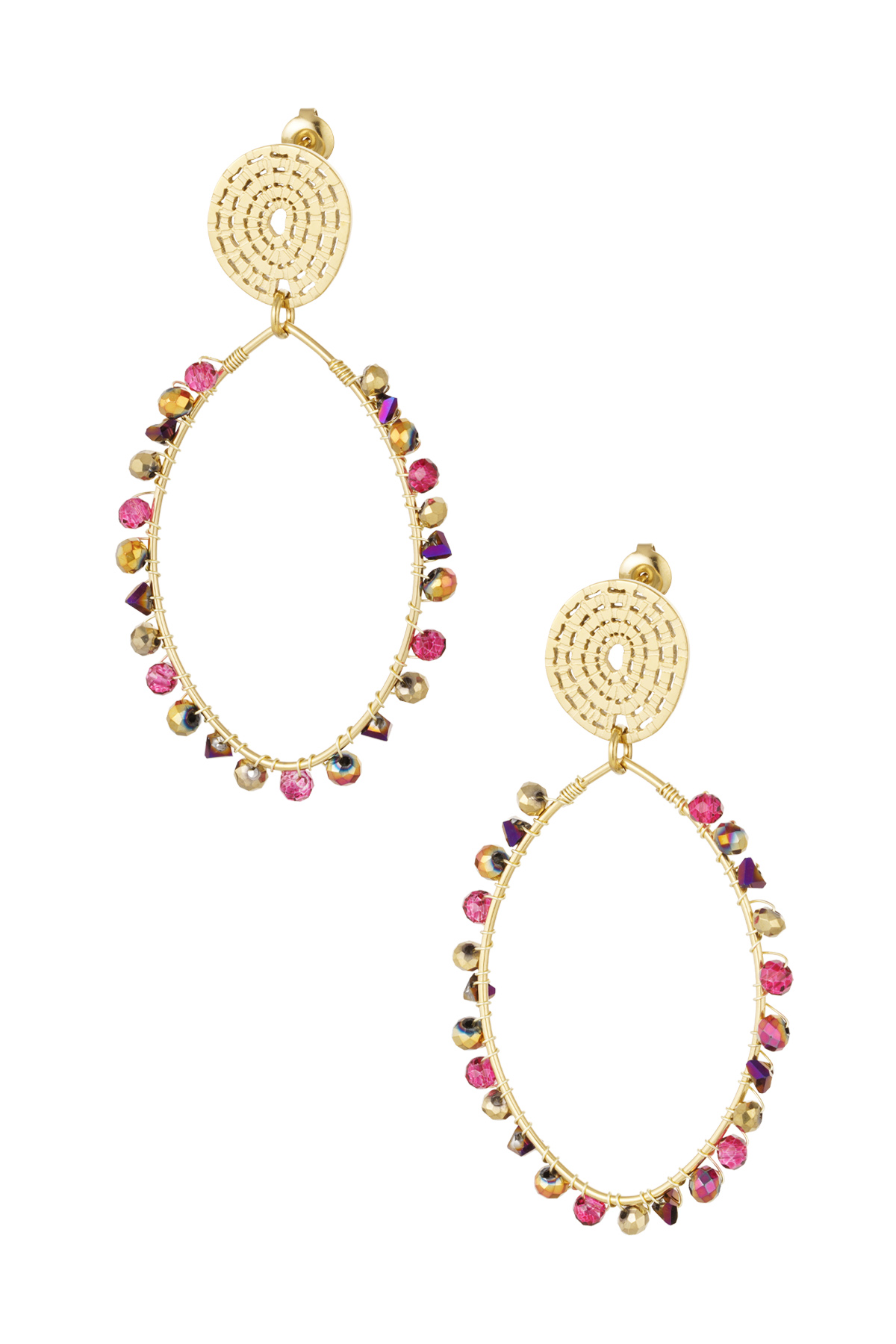 Oval earrings with beads - Gold color/pink