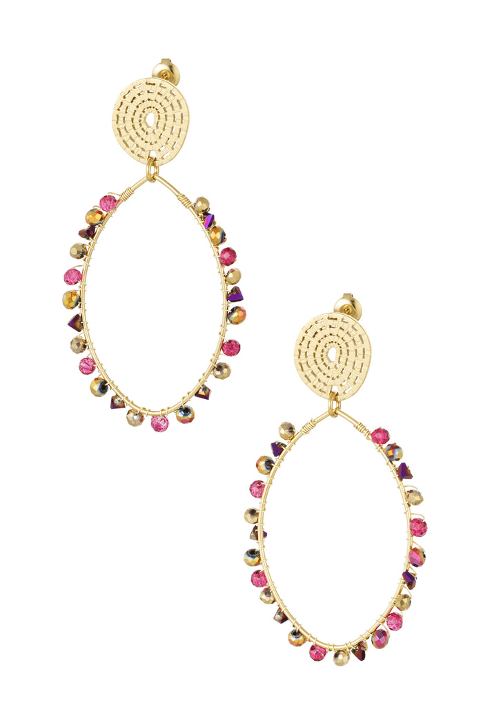 Oval earrings with beads - gold/pink 