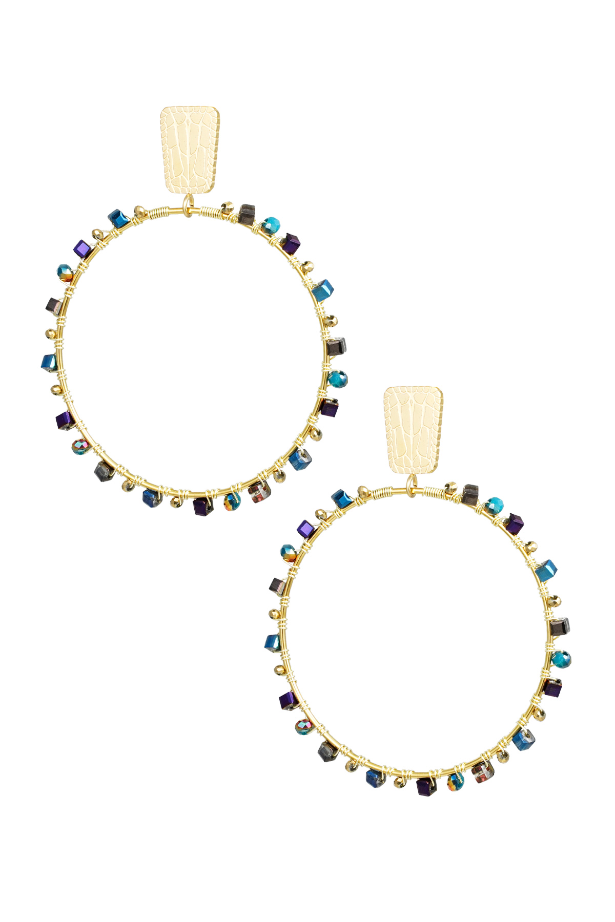 Round earrings with beads - gold/blue