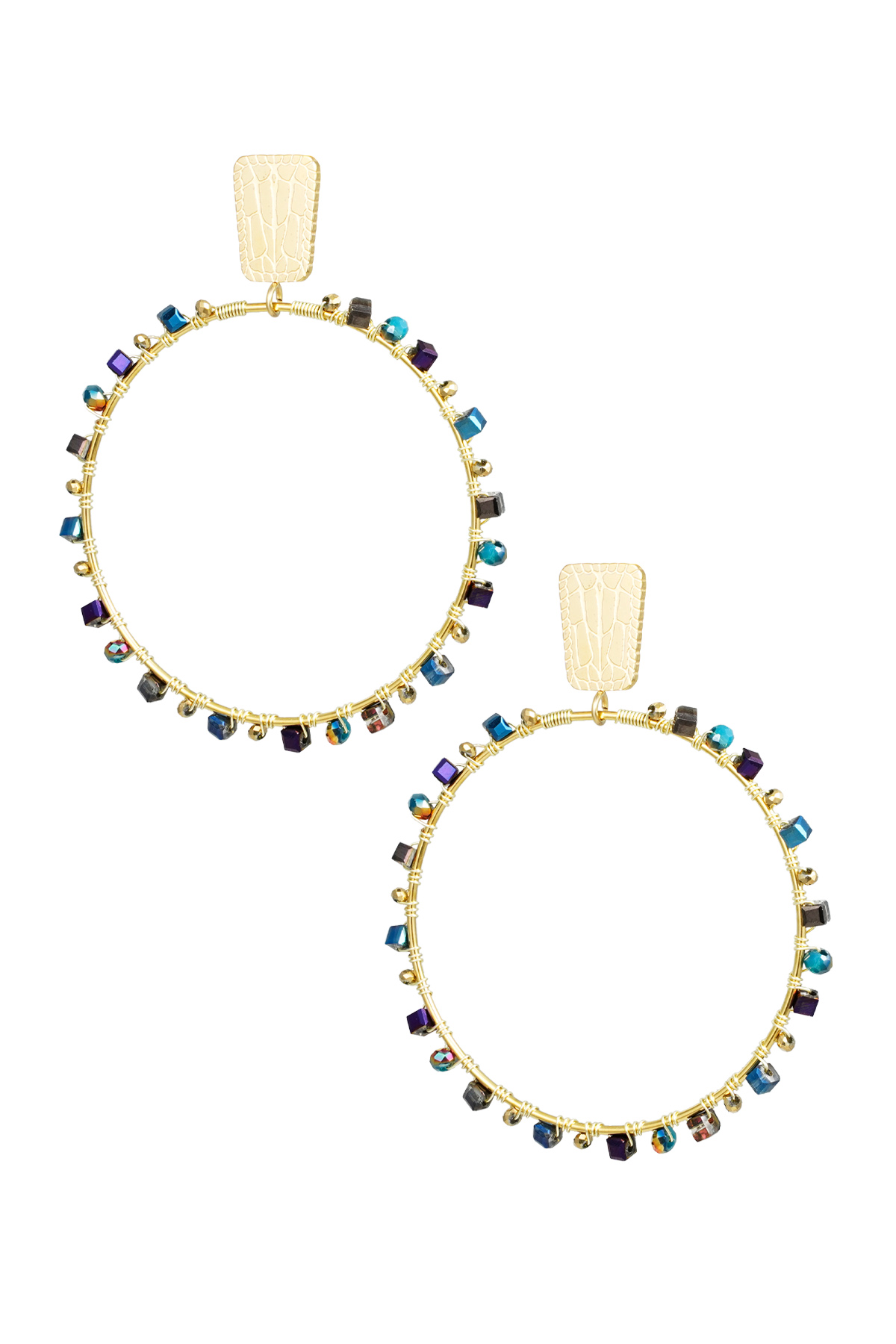 Round earrings with beads - Gold color/blue 2