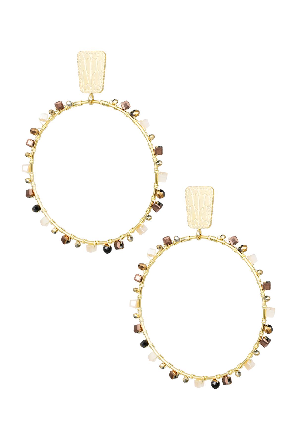 Round earrings with beads - Gold color/beige 2