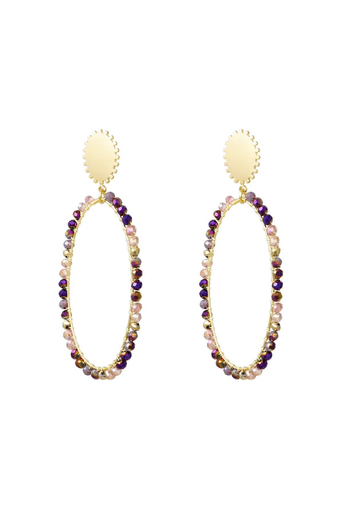 Oblong earrings with beads - gold/multi
