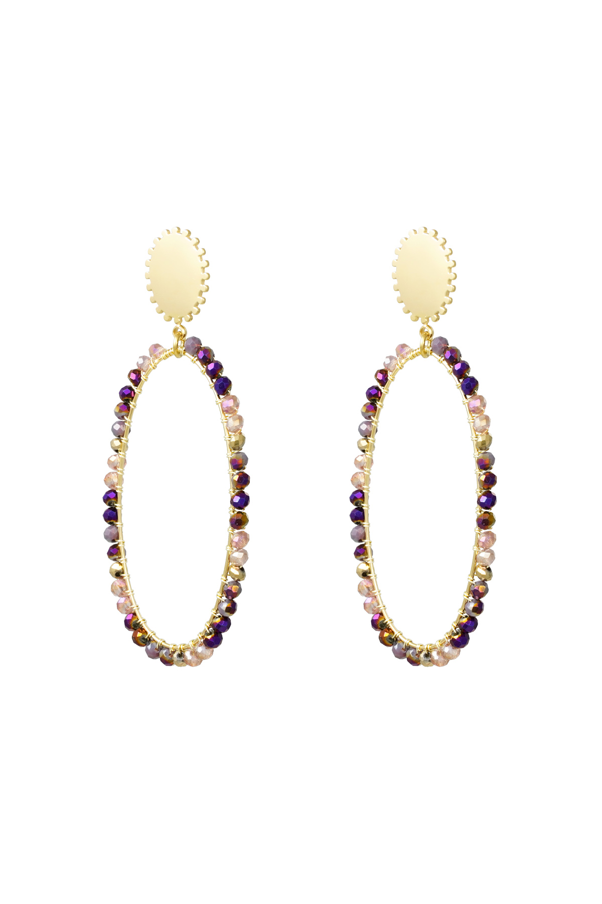 Oblong earrings with beads - Gold color/multi