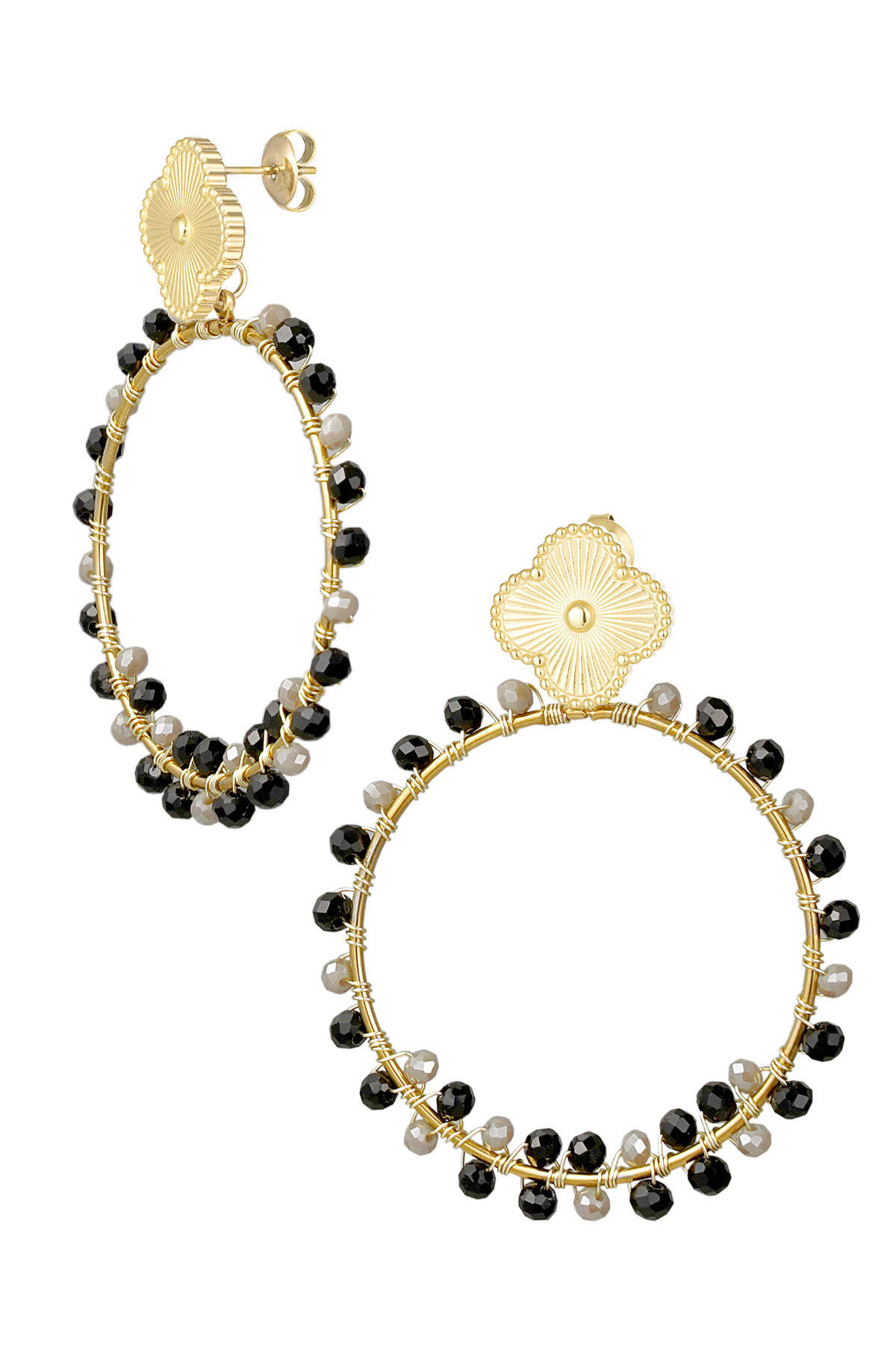 Clover earrings with beads - gold/grey