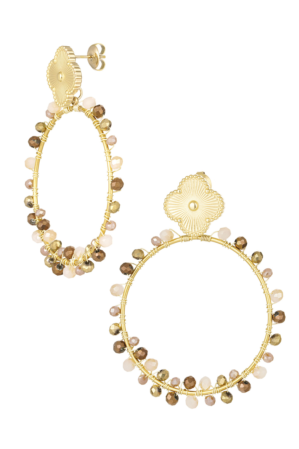 Clover earrings with beads - gold/beige