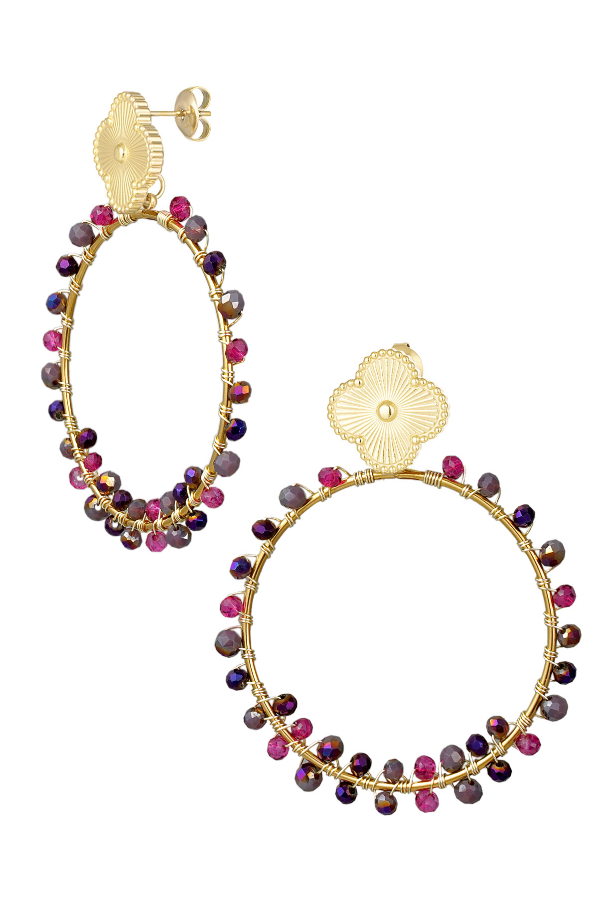 Clover earrings with beads - gold/purple