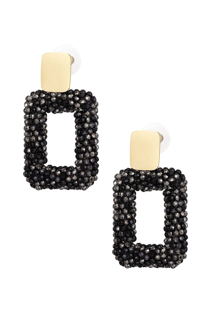 rectangle earrings with glass beads - black gold 