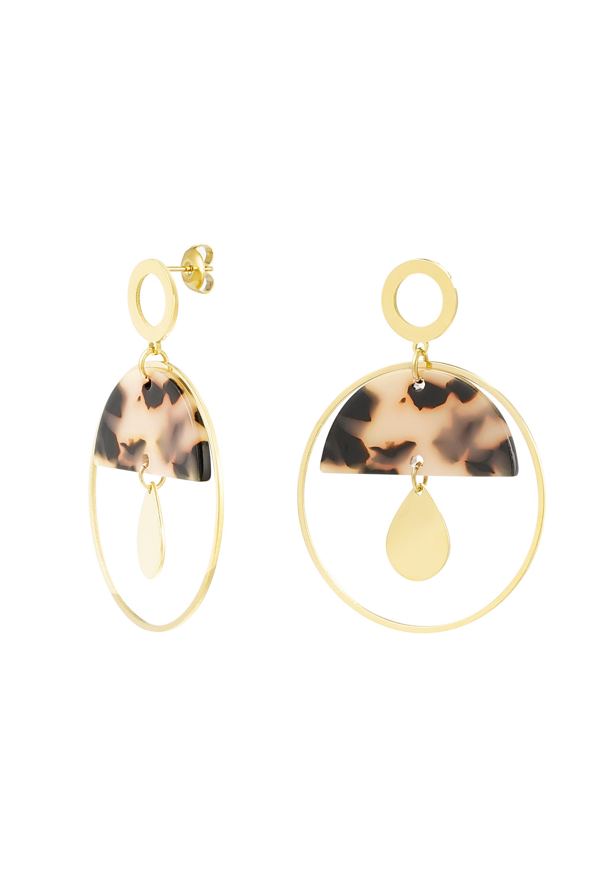 Earrings round with details - Gold color/camel