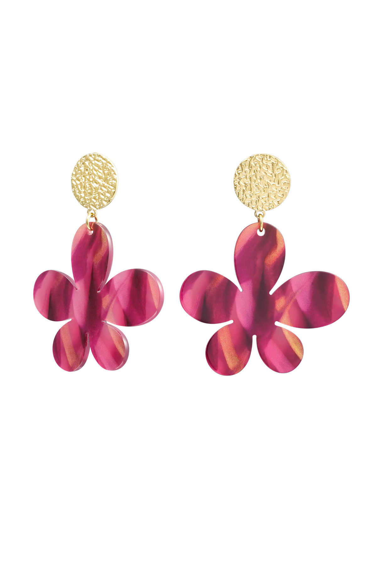 Flower earrings with print - gold/pink