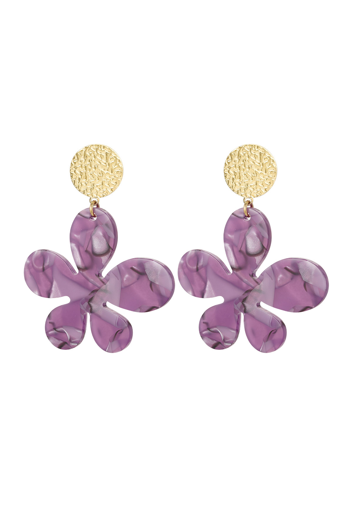 Flower earrings with print - gold/purple 