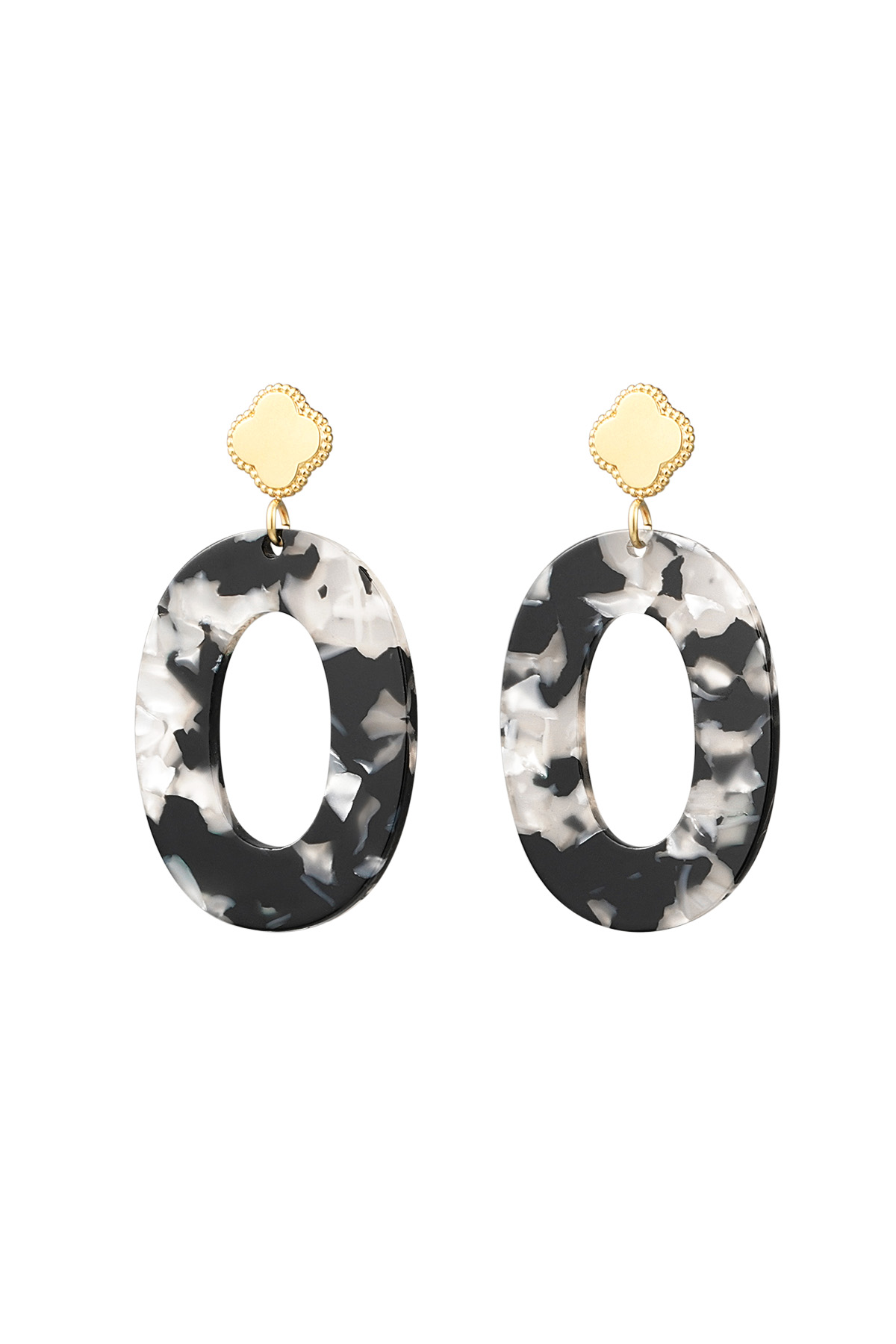 Earrings clover and oval with print - Gold color/black/white