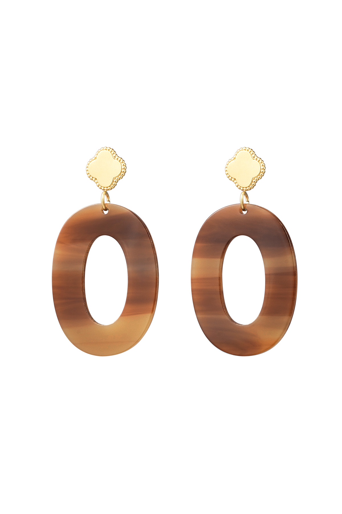 Earrings clover and oval with print - Gold color/brown