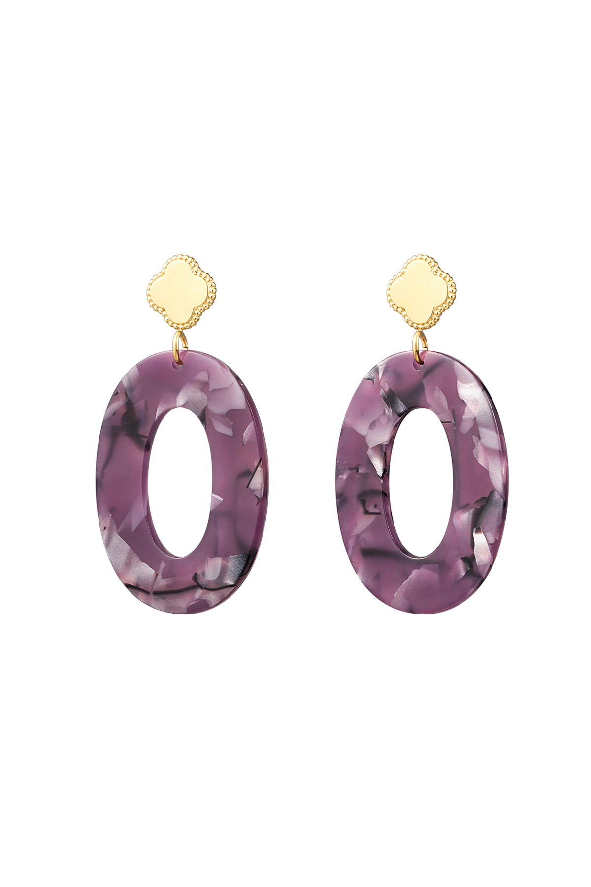 Boucles d'oreilles trèfle et ovale avec imprimé - doré/violet h5 