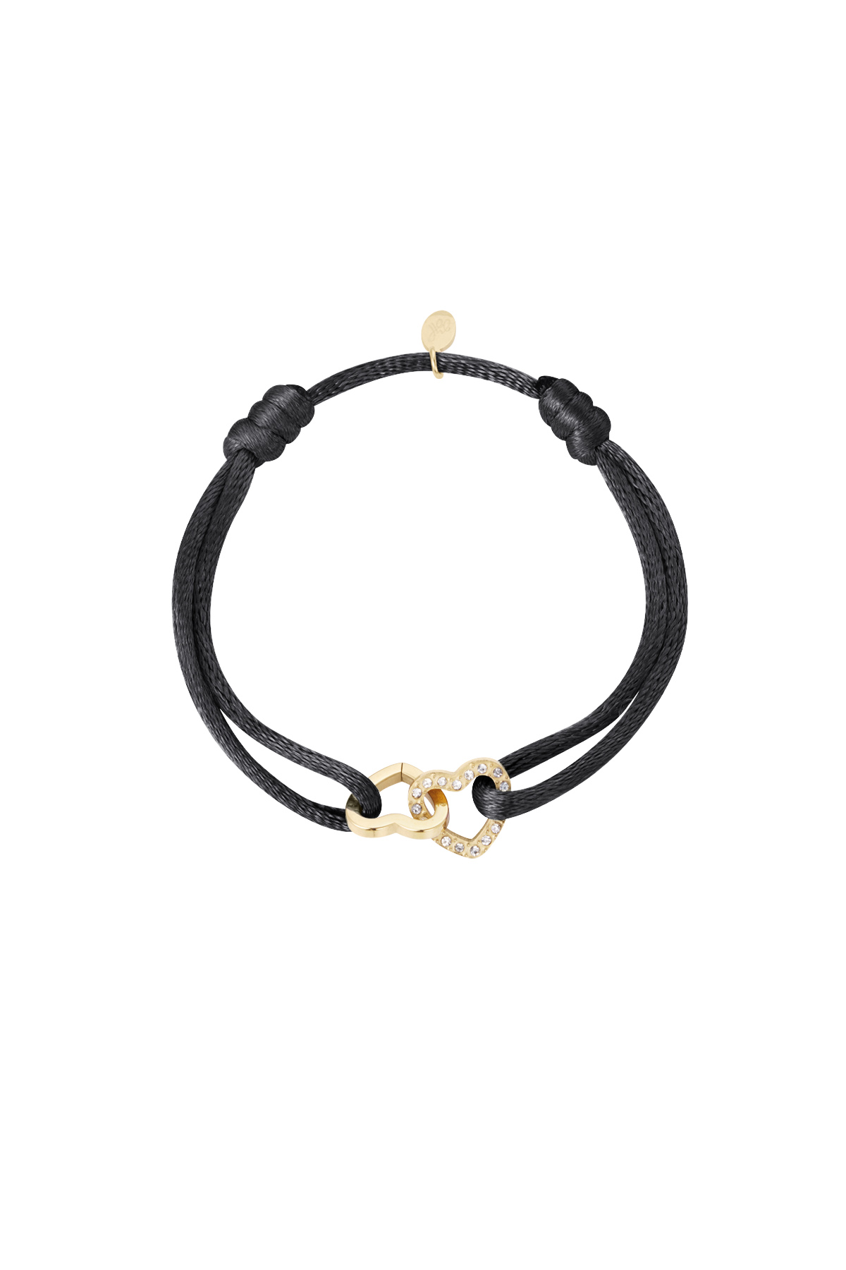 Satin bracelet double heart with stones - black gold