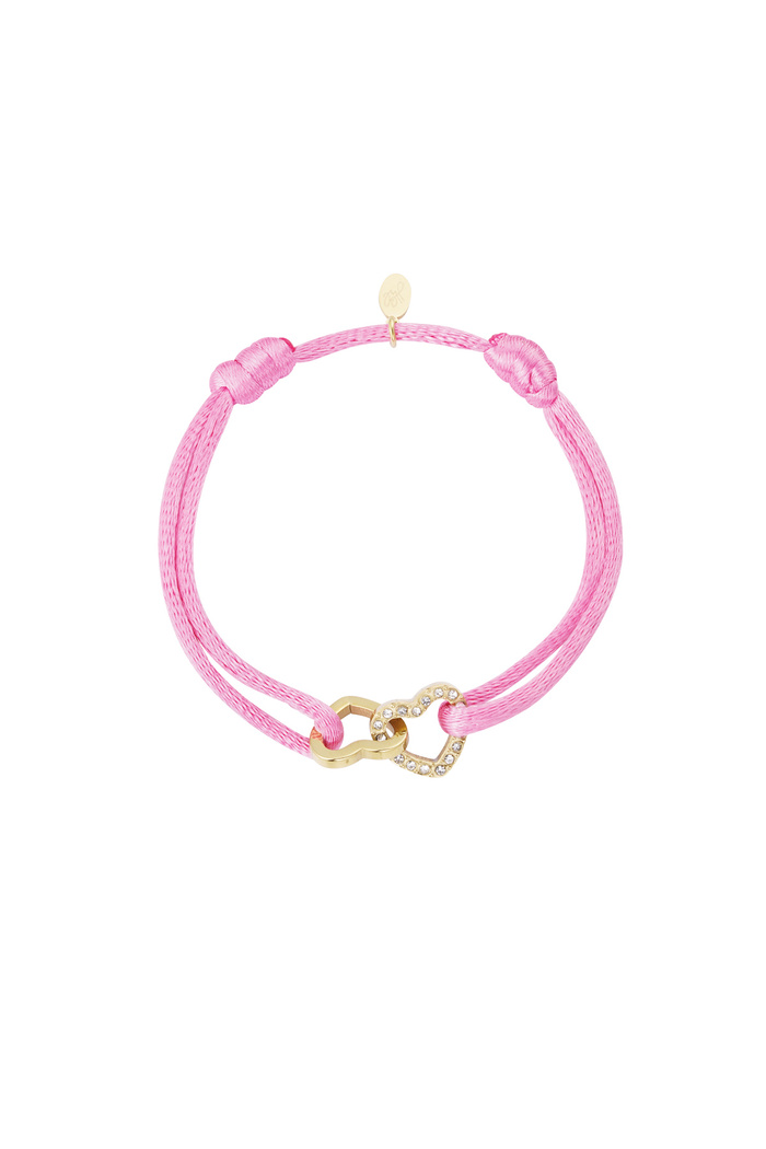 Satin bracelet double heart with stones - pink 
