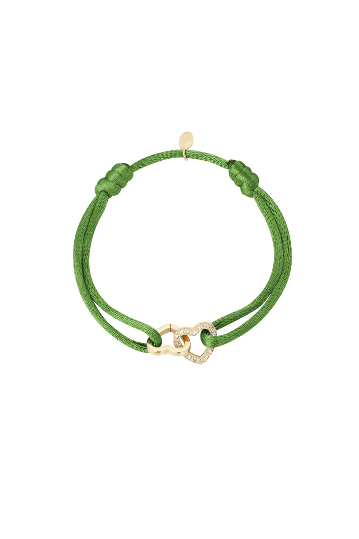 Satin bracelet double heart with stones - olive 