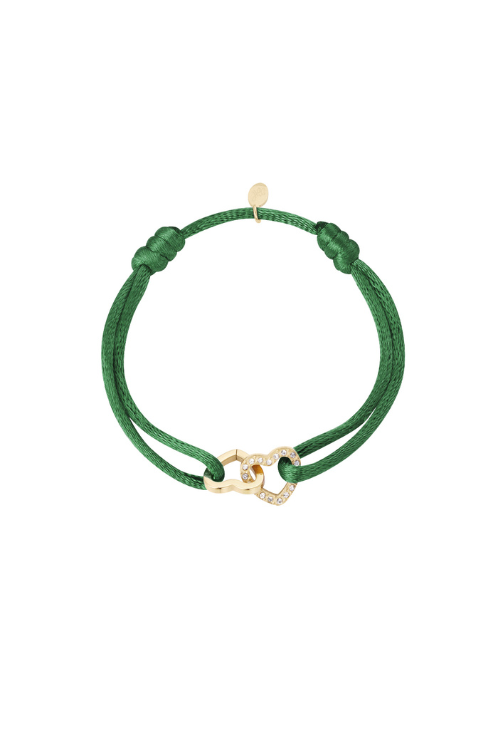 Satin bracelet double heart with stones - dark green 