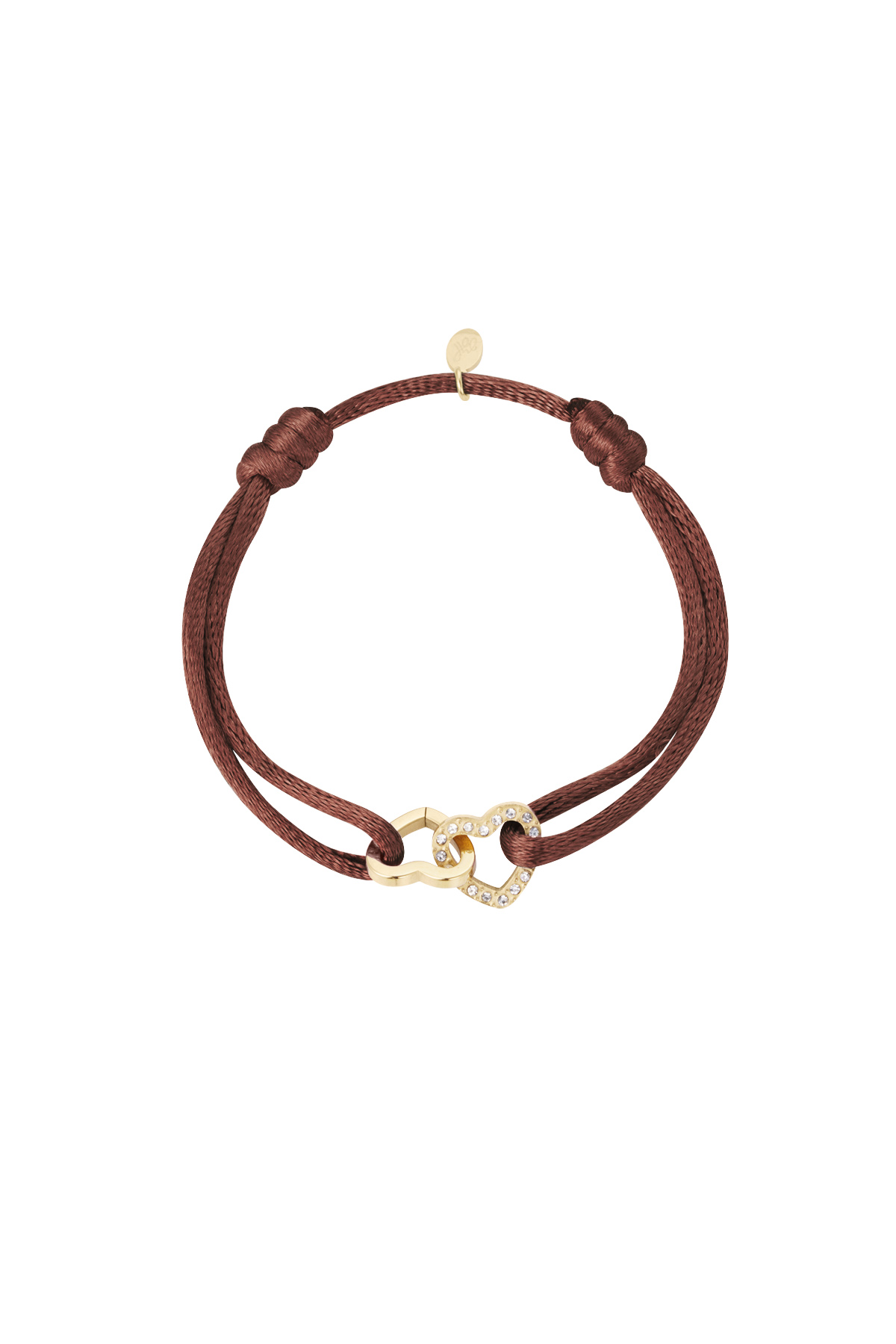 Satin bracelet double heart with stones - dark brown
