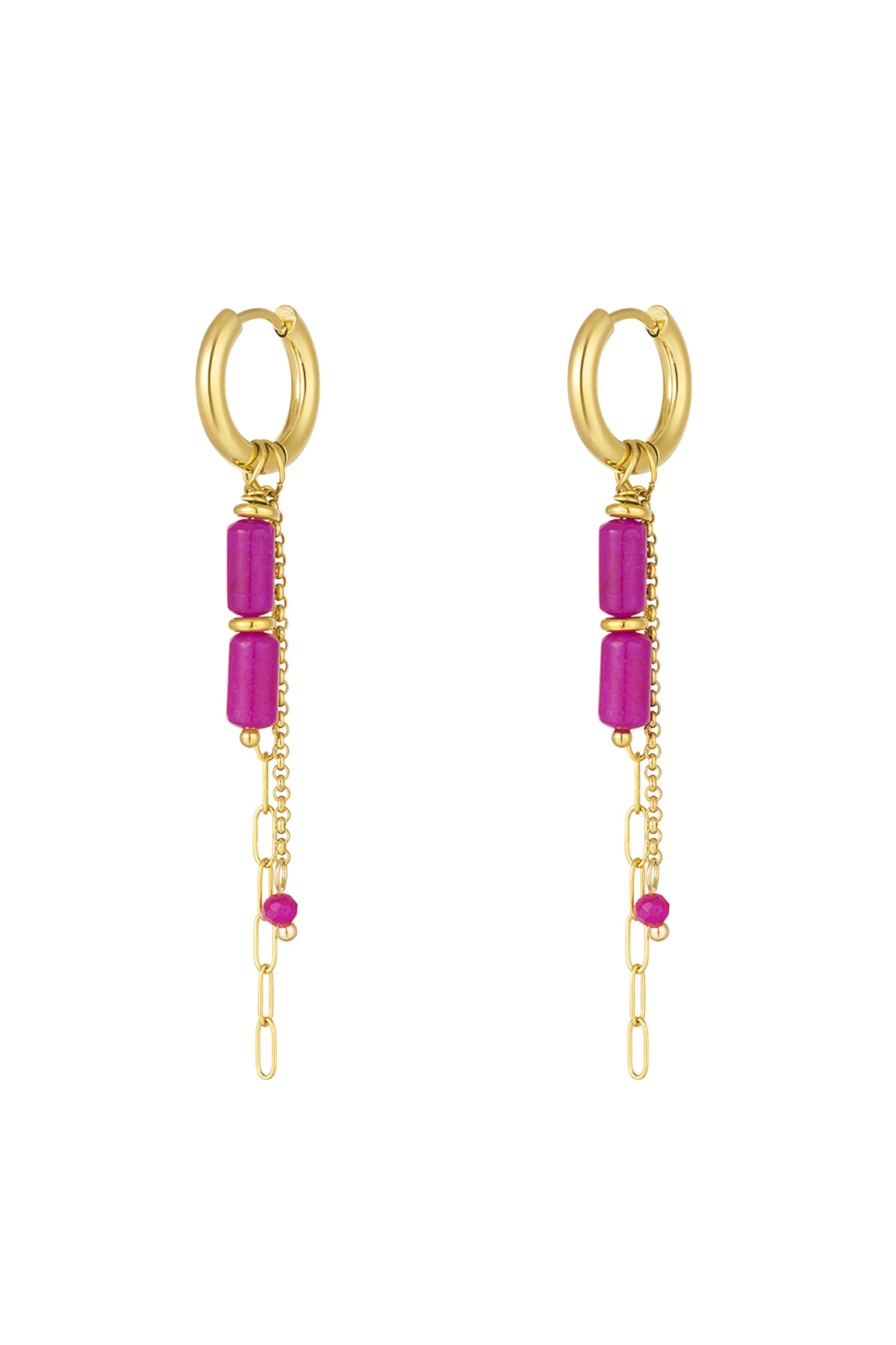 Earrings tube beads with chains - Gold color/fuchsia