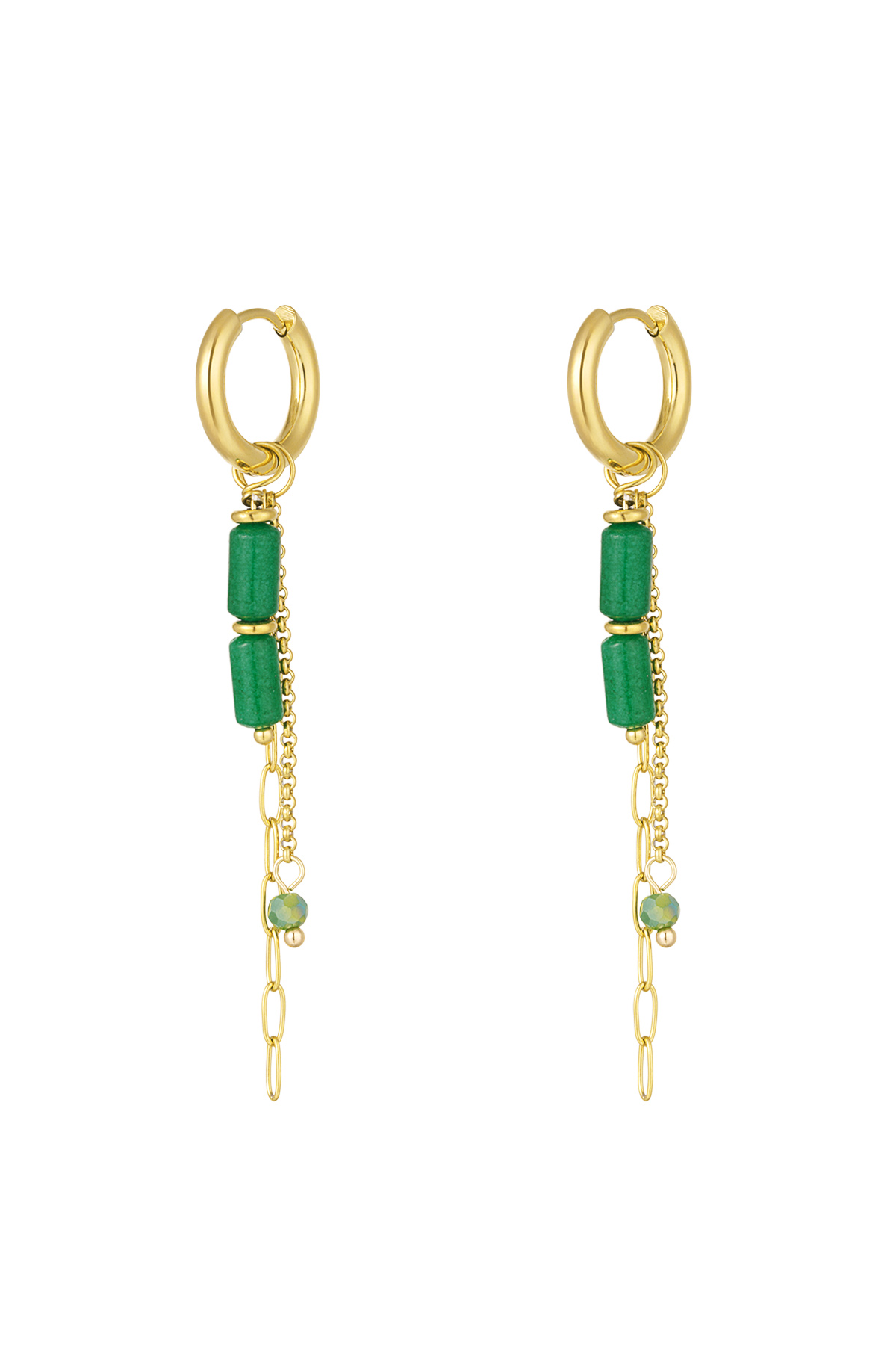 Orecchini perline tubolari con catene - oro/verde h5 