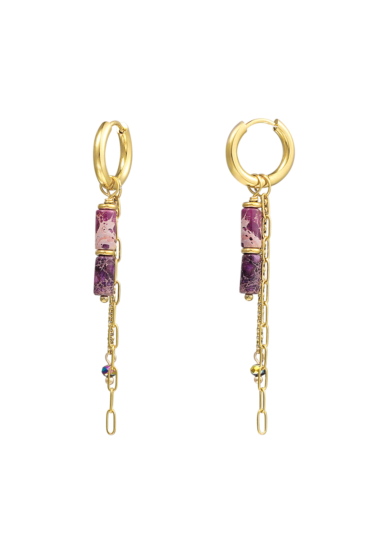 Boucles d'oreilles perles tube avec chaînes - doré/violet