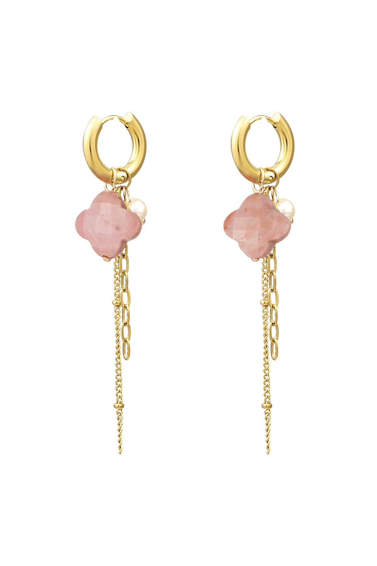 Clover earrings with chains - gold/light pink h5 