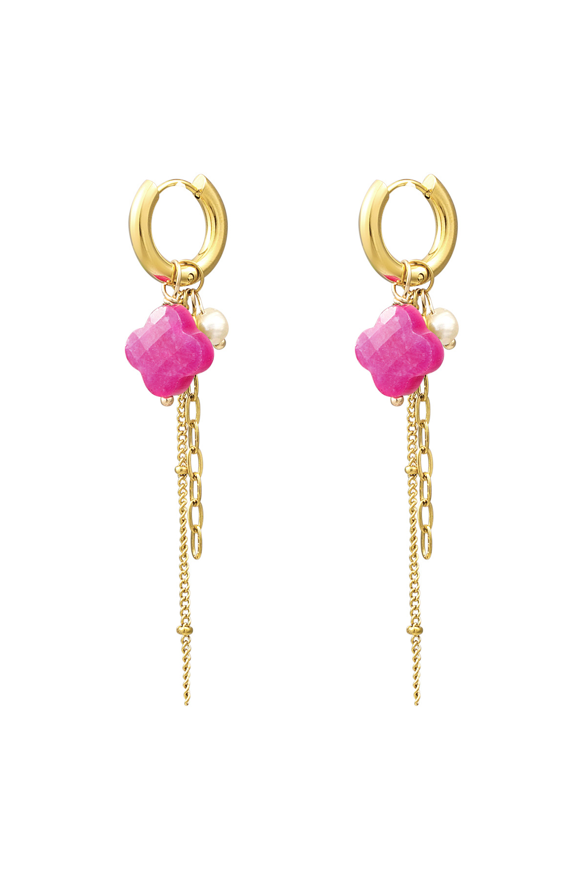 Clover earrings with chains - gold/fuchsia h5 