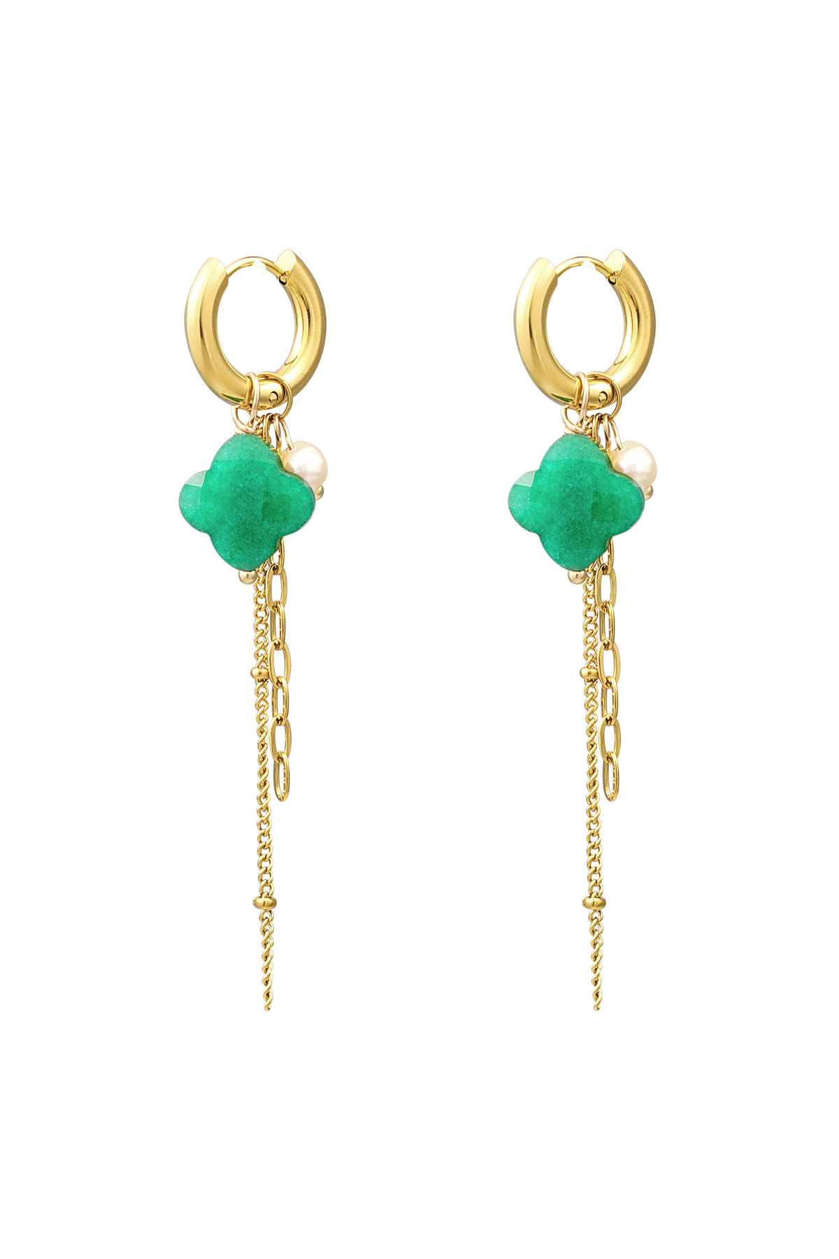 Clover earrings with chains - gold/green h5 