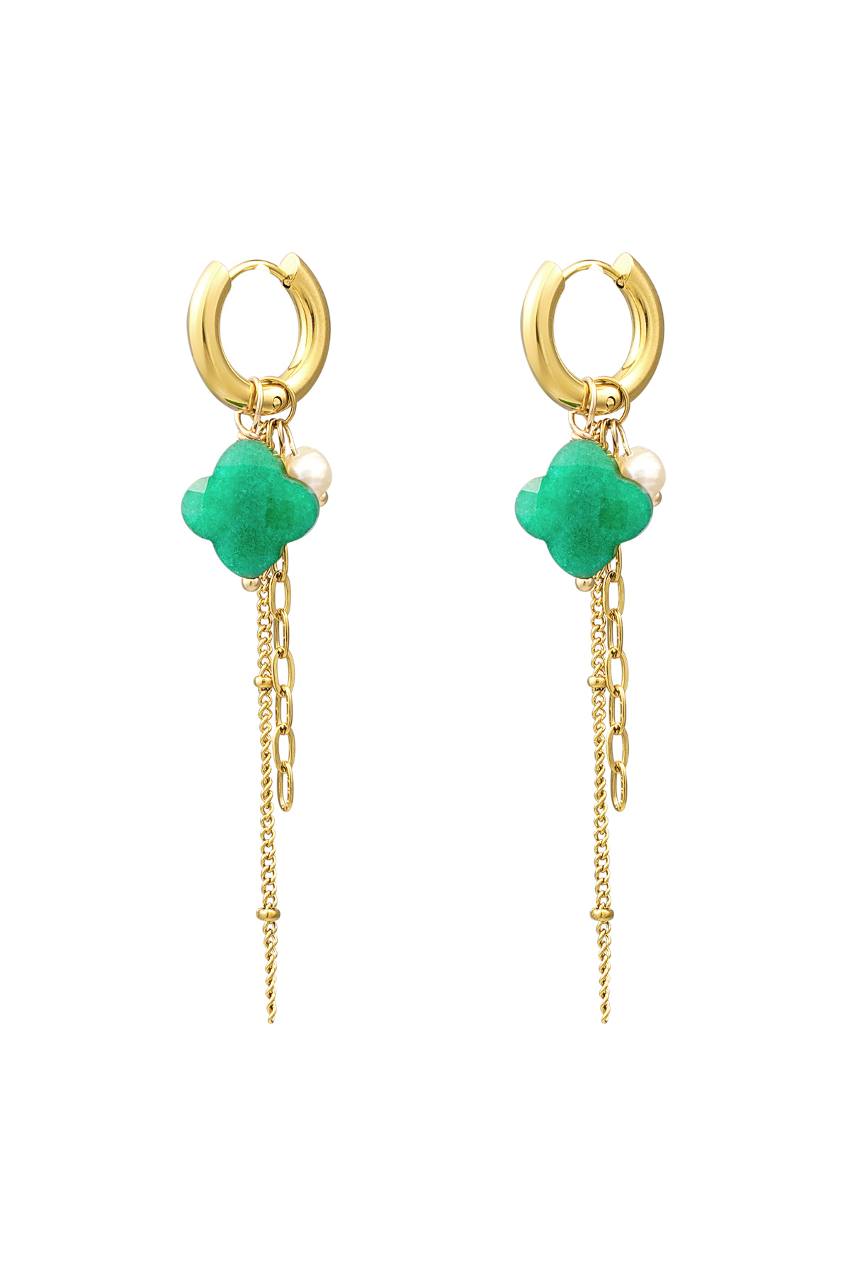 Pendientes trébol con cadenas - oro/verde h5 