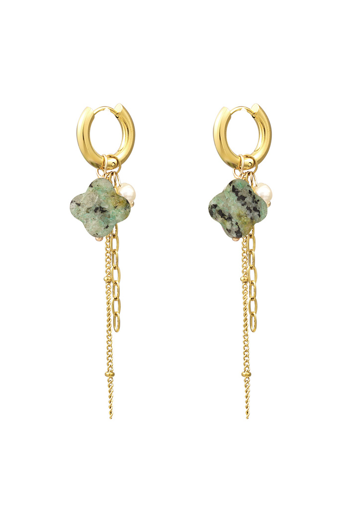 Clover earrings with chains - gold/olive green 