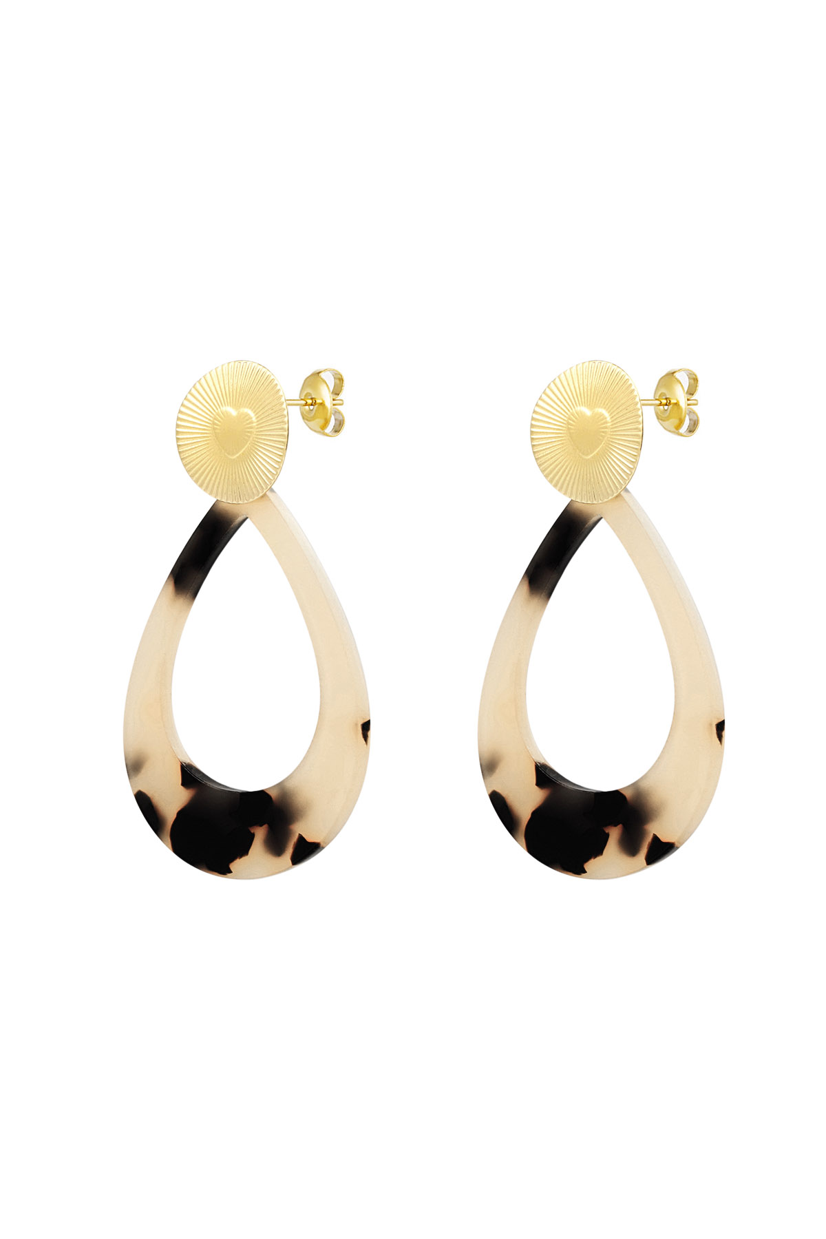 Earrings heart coin with oval - gold/beige