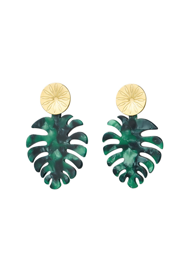 Earrings leaves with print - gold/green