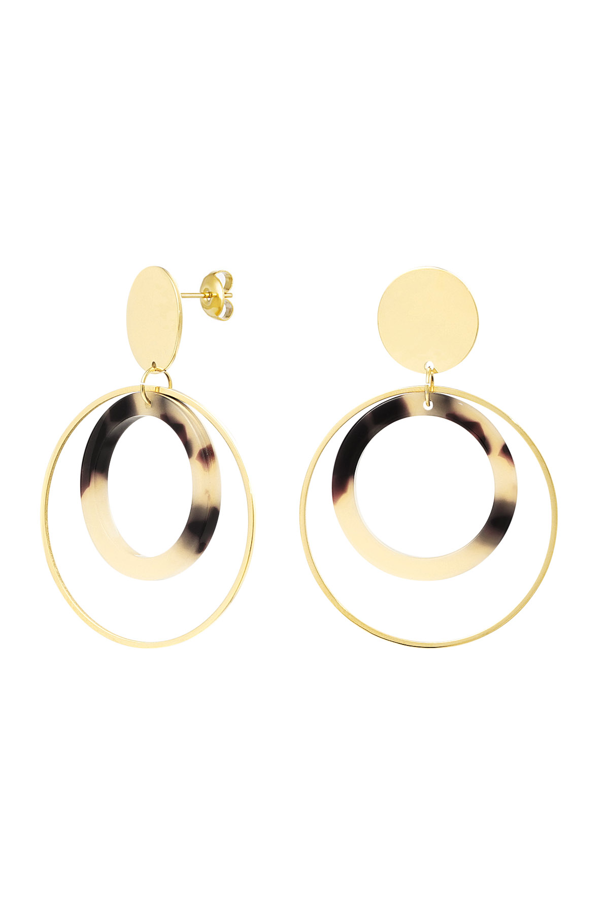 Earrings double round - Gold color/beige 2