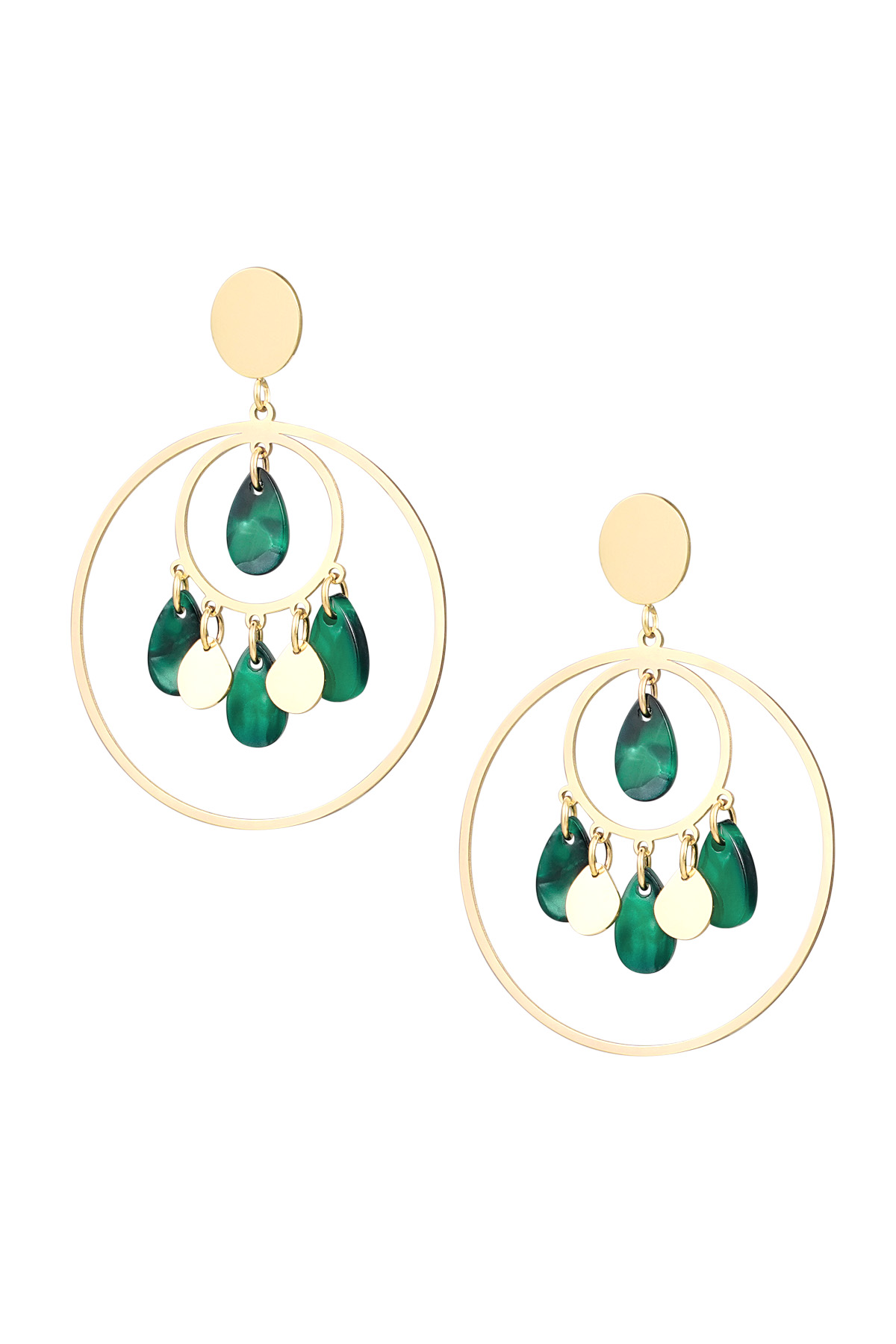 Earrings circles with coins - Gold color/green