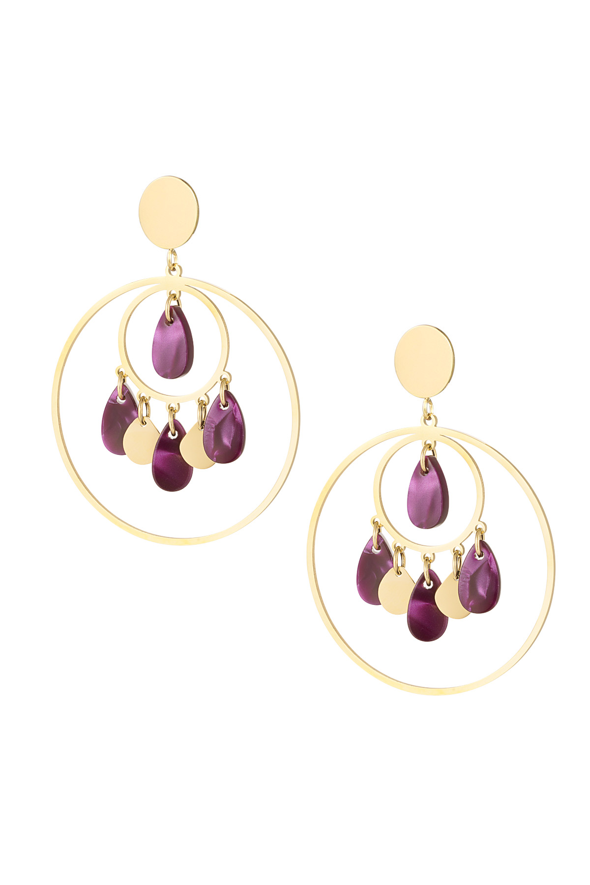 Earrings circles with coins - gold/purple