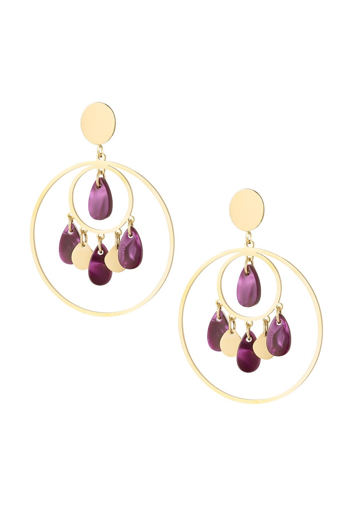 Earrings circles with coins - Gold color/purple 2