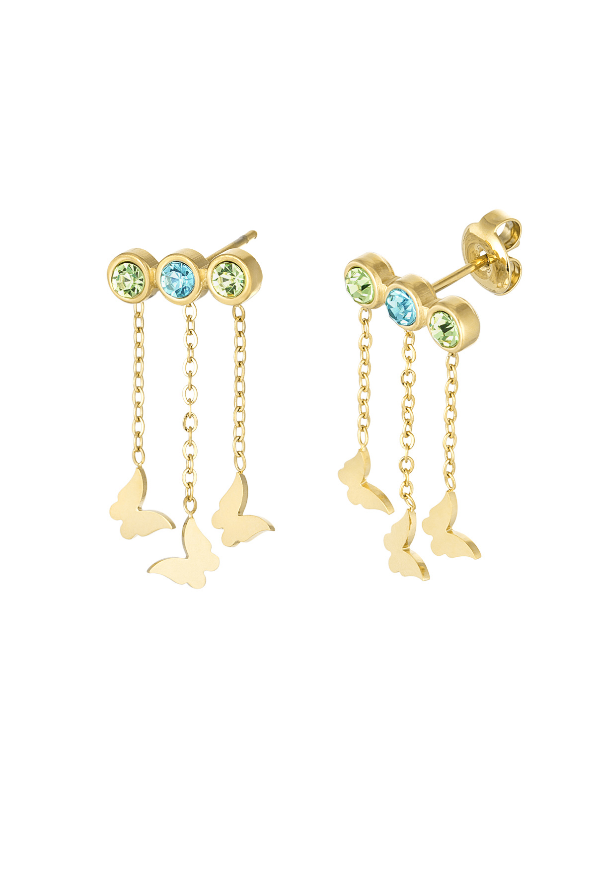 Earrings with butterflies &amp; stones - gold/blue/green