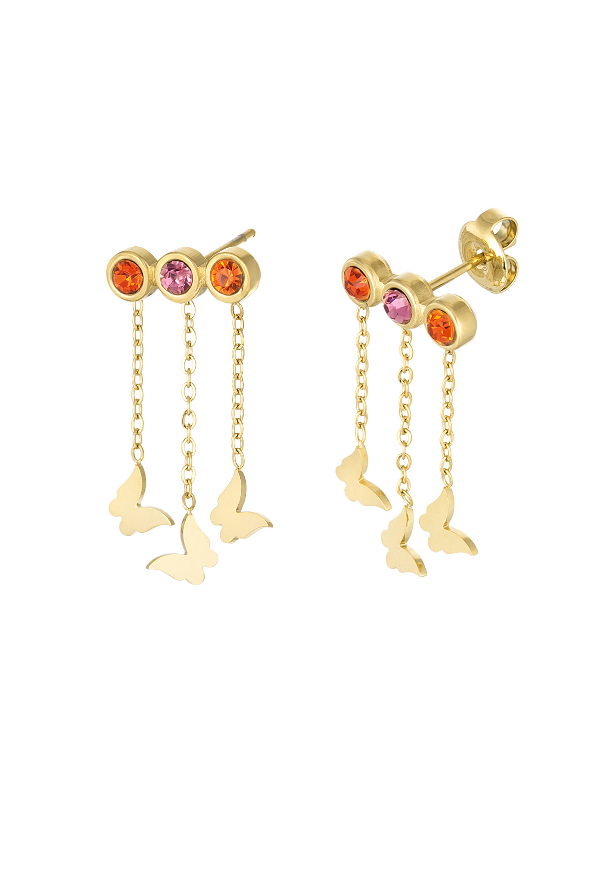 Earrings with butterflies &amp; stones - gold/pink/orange
