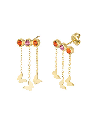 Earrings with butterflies & stones - gold/pink/orange h5 