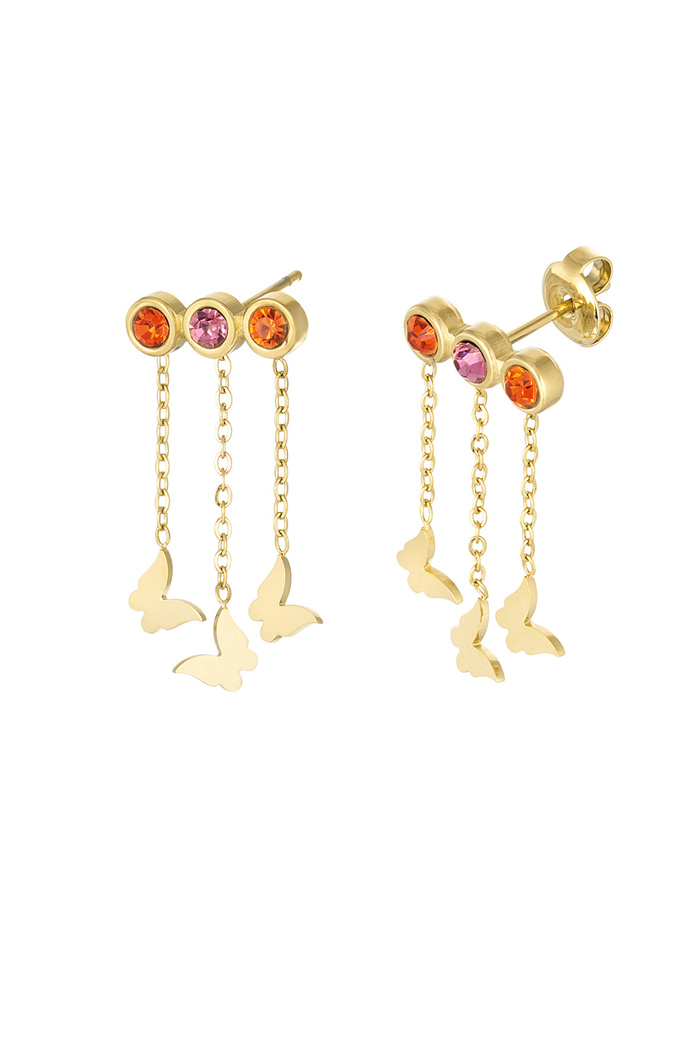 Earrings with butterflies & stones - gold/pink/orange 