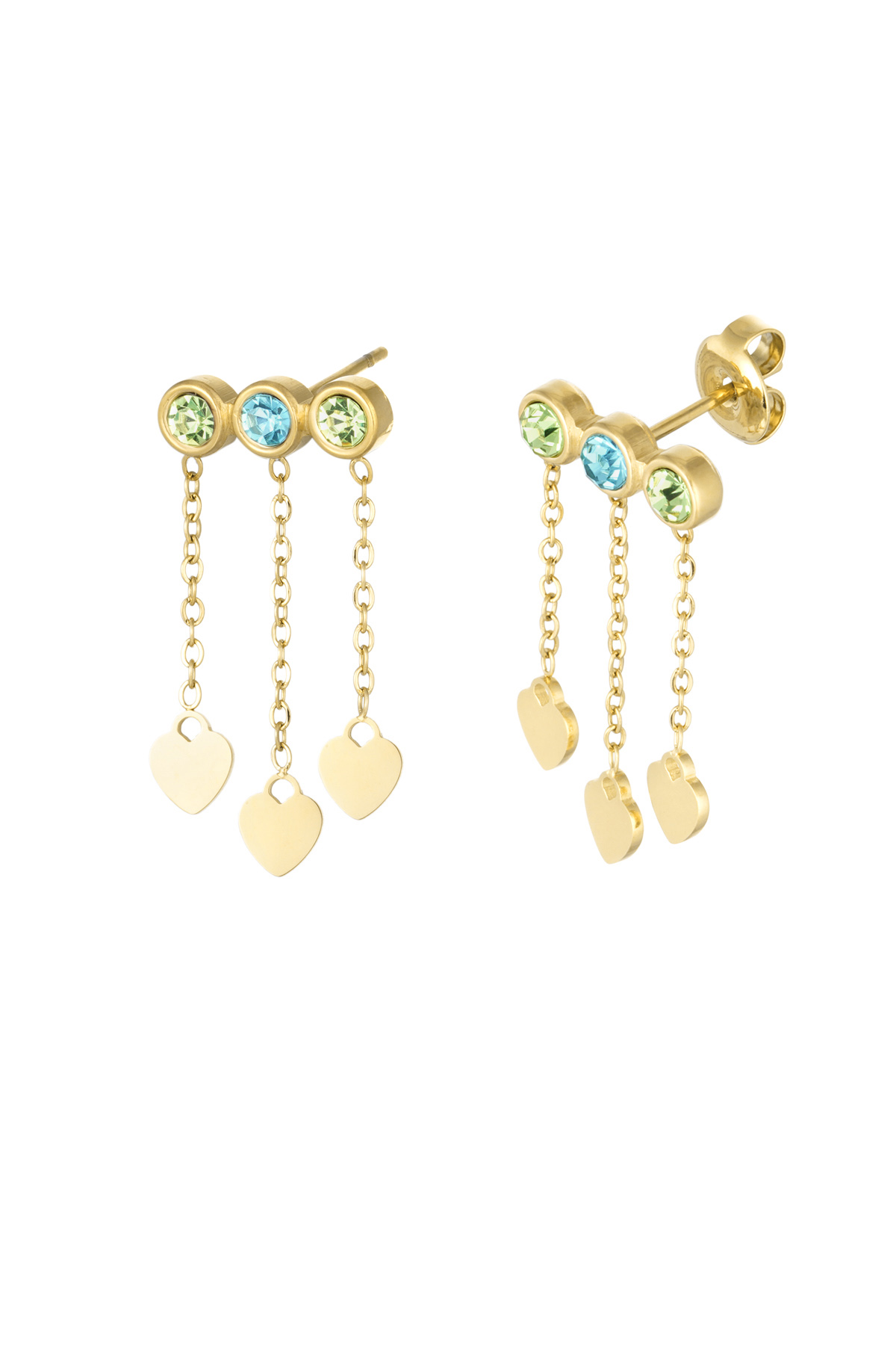 Earrings hearts &amp; stones - gold/green/blue