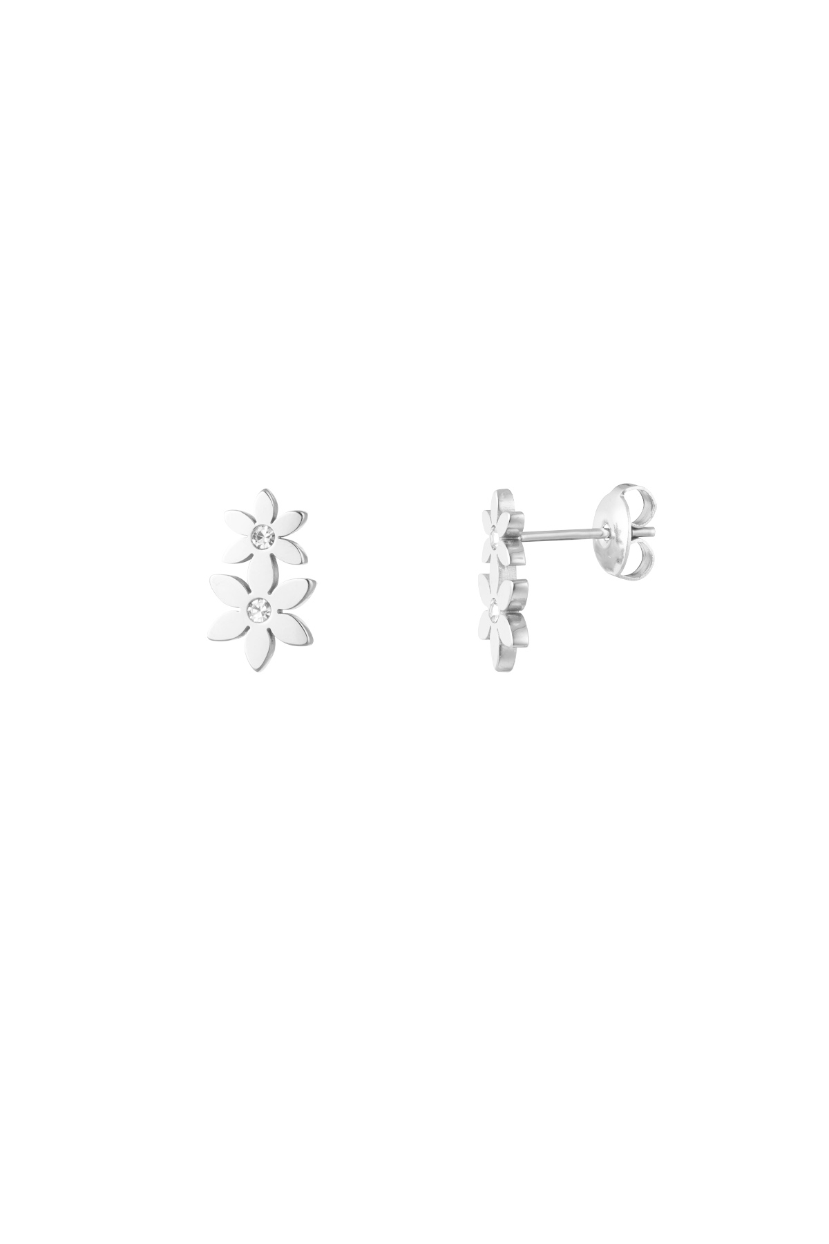 Double flower stud earring - silver