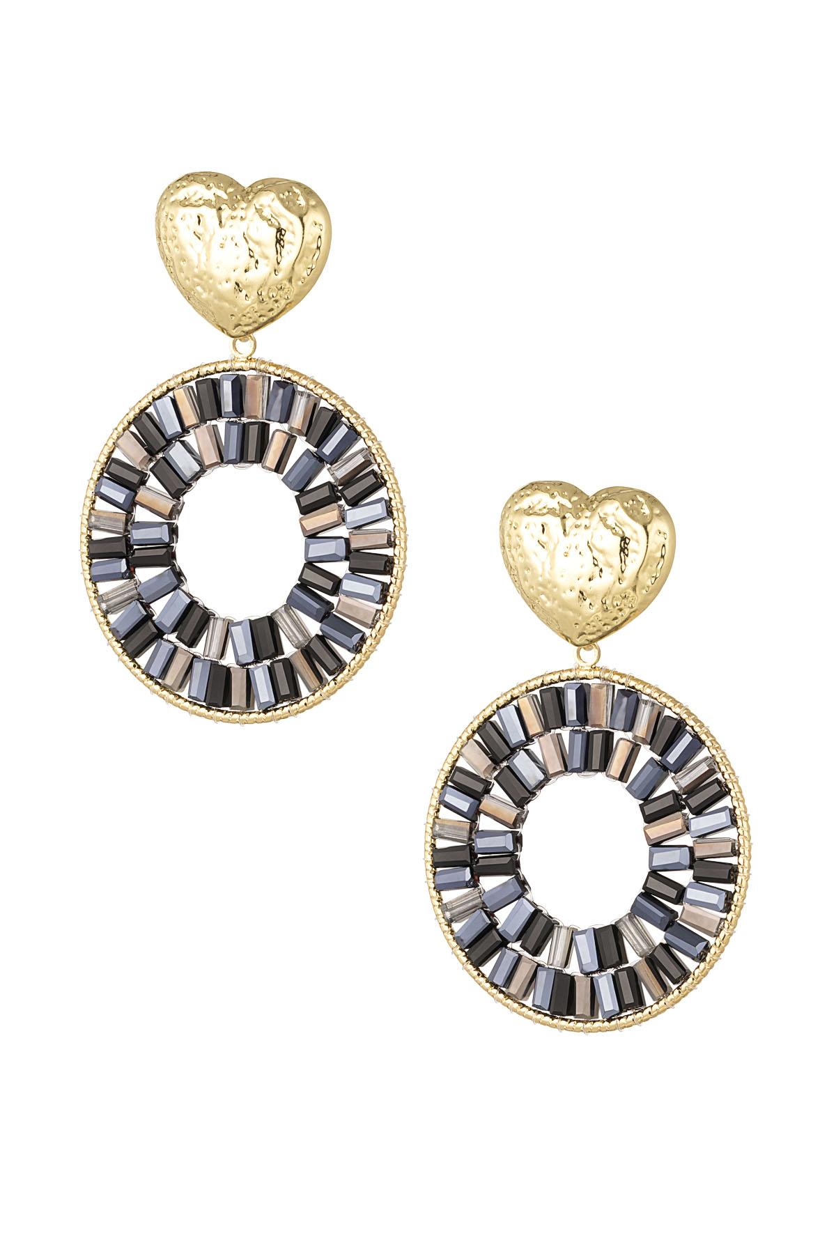 Round statement earrings with heart detail - black gold h5 
