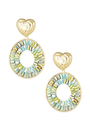 Round statement earrings with heart detail - green gold h5 