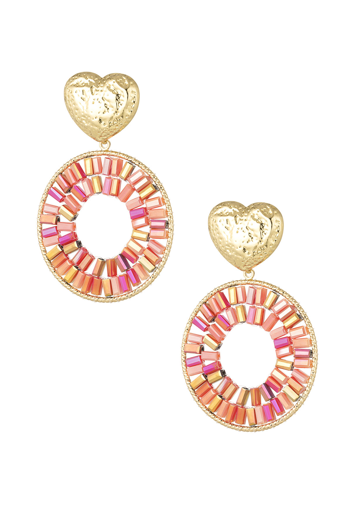 Round statement earrings with heart detail - red
